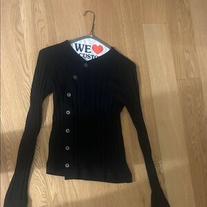 Black Asymmetric Button-Front Ribbed Long-Sleeve Top